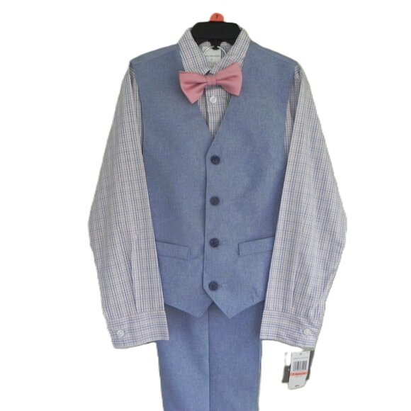 NWT Van Heusen 4 piece boy's vest set Blue Allure w/ Pants, Vest, Shirt, Bow tie - Picture 2 of 5